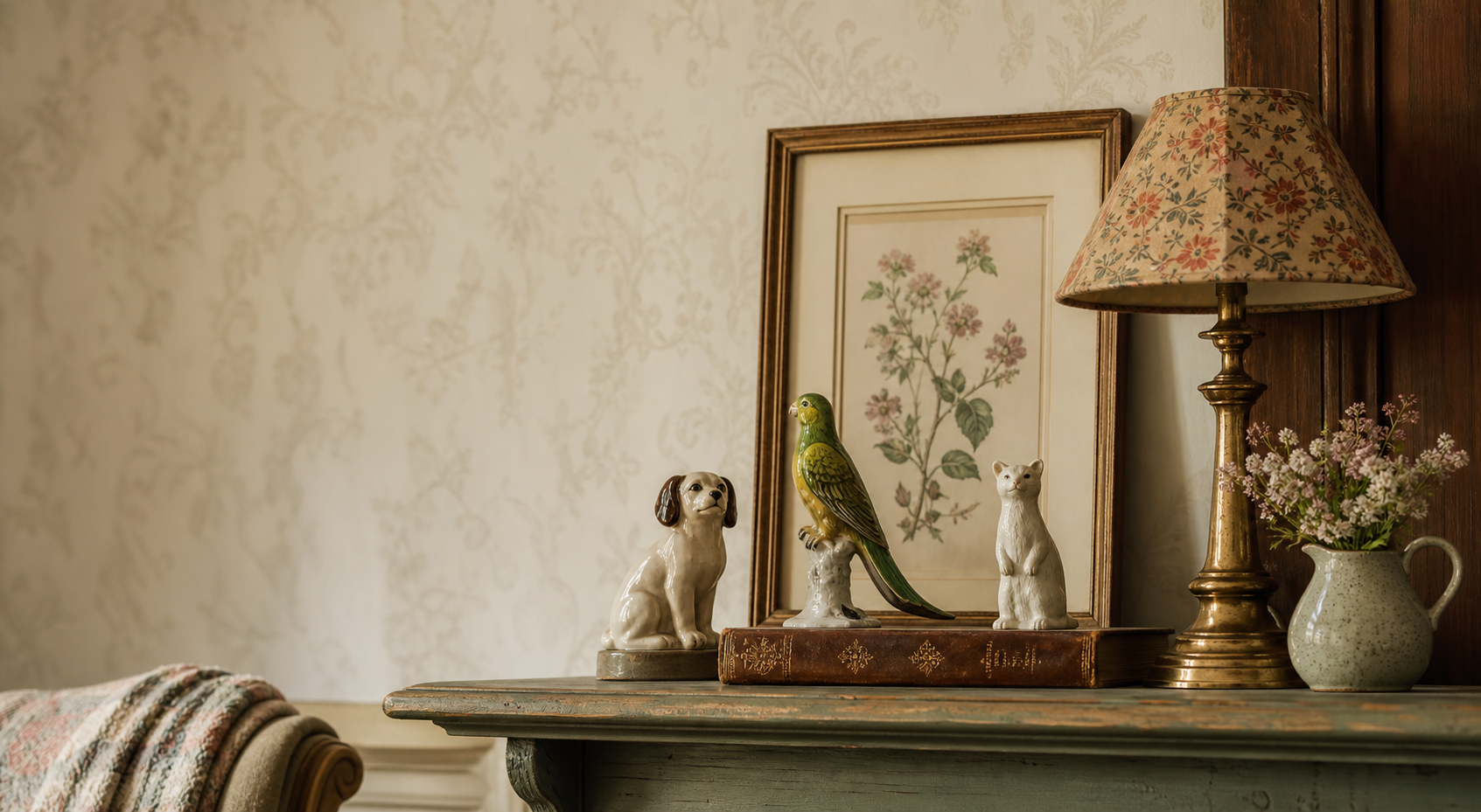 Vintage figurines and a book styled in a heritage-maximalist interior