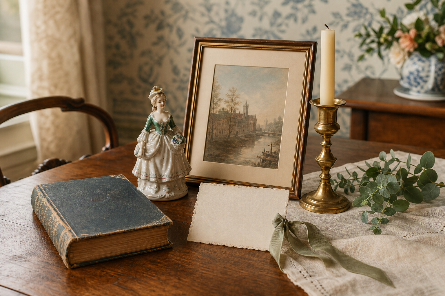 Vintage figurine gift guide with an antique book and decorative treasures