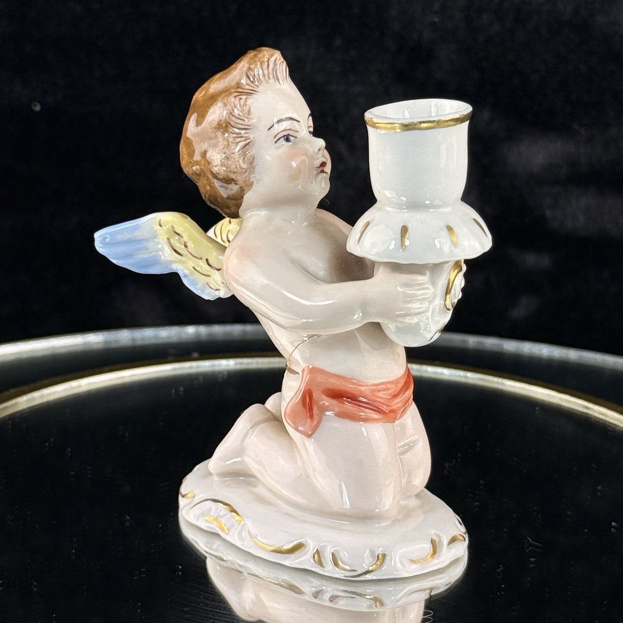 Antique German Dresden Cherub Candle Holder Figurine Winged Putto 3.5” Repaired1