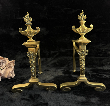 Antique Brass Fireplace Andirons Firedogs Pair  Georgian Neoclassical Style1