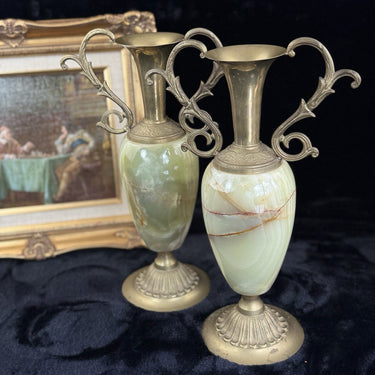 Brass Green Onyx Marble Urn Vases Pair Ornate Handles Decor 35 cm Medium1