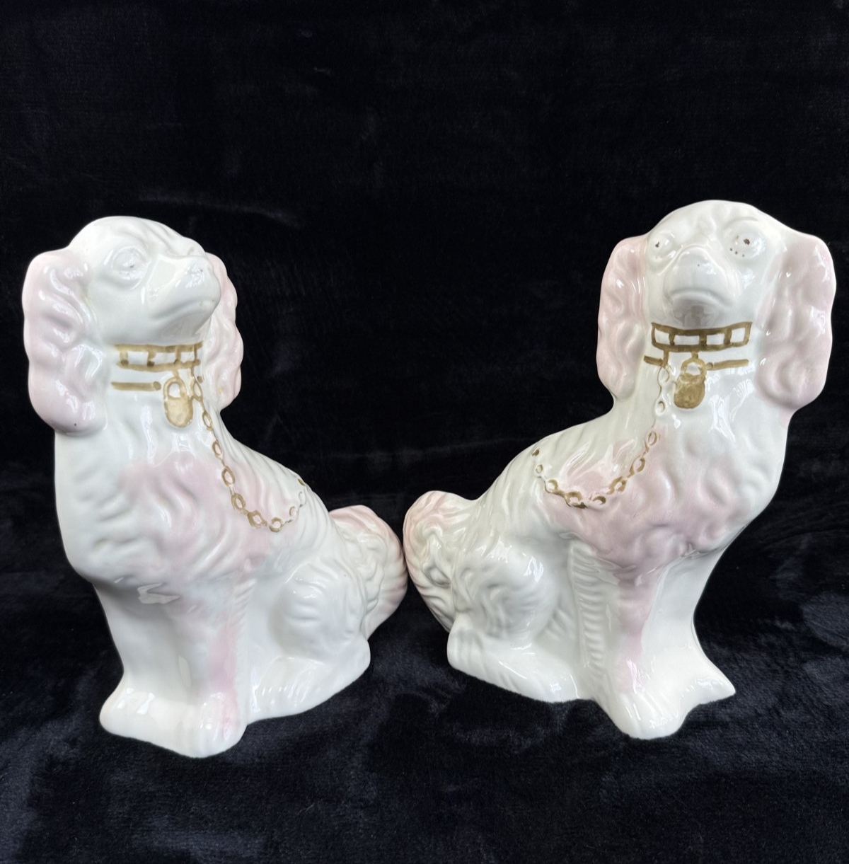 Antique Staffordshire Porcelain Pink and White  Pair King Charles Spaniel decor5
