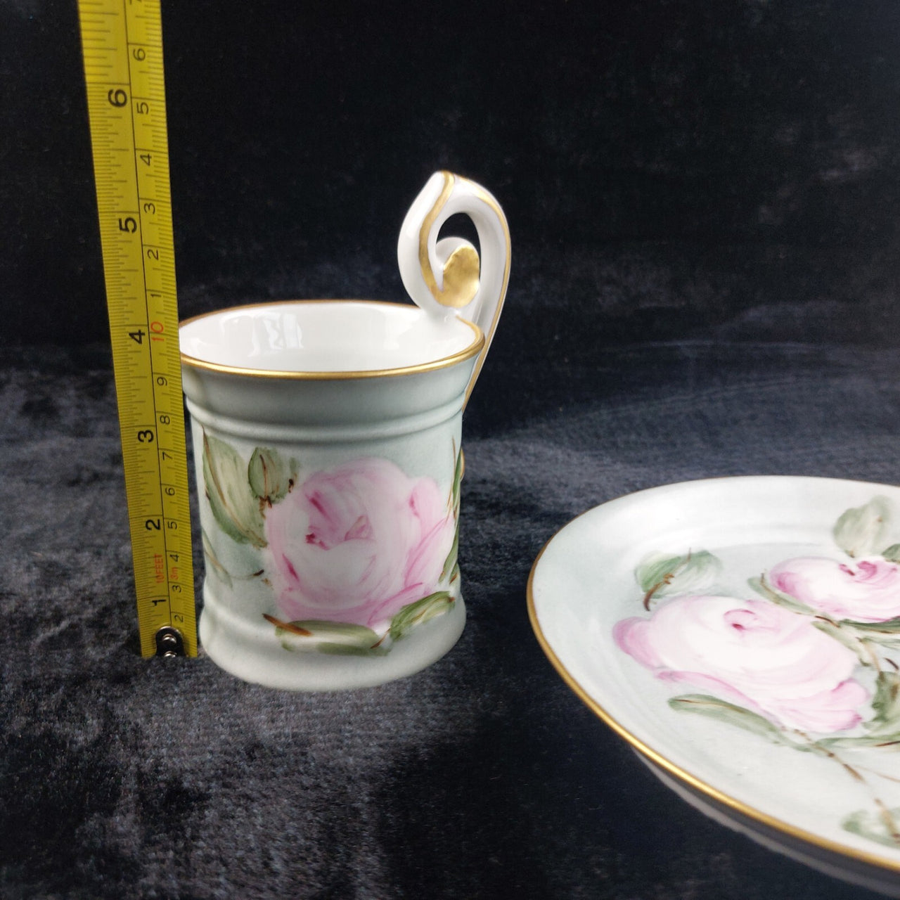 Capodimonte Hand Painted Cup Italy & Plate Set Pink Rose Gold Rim Floral Sallin/9