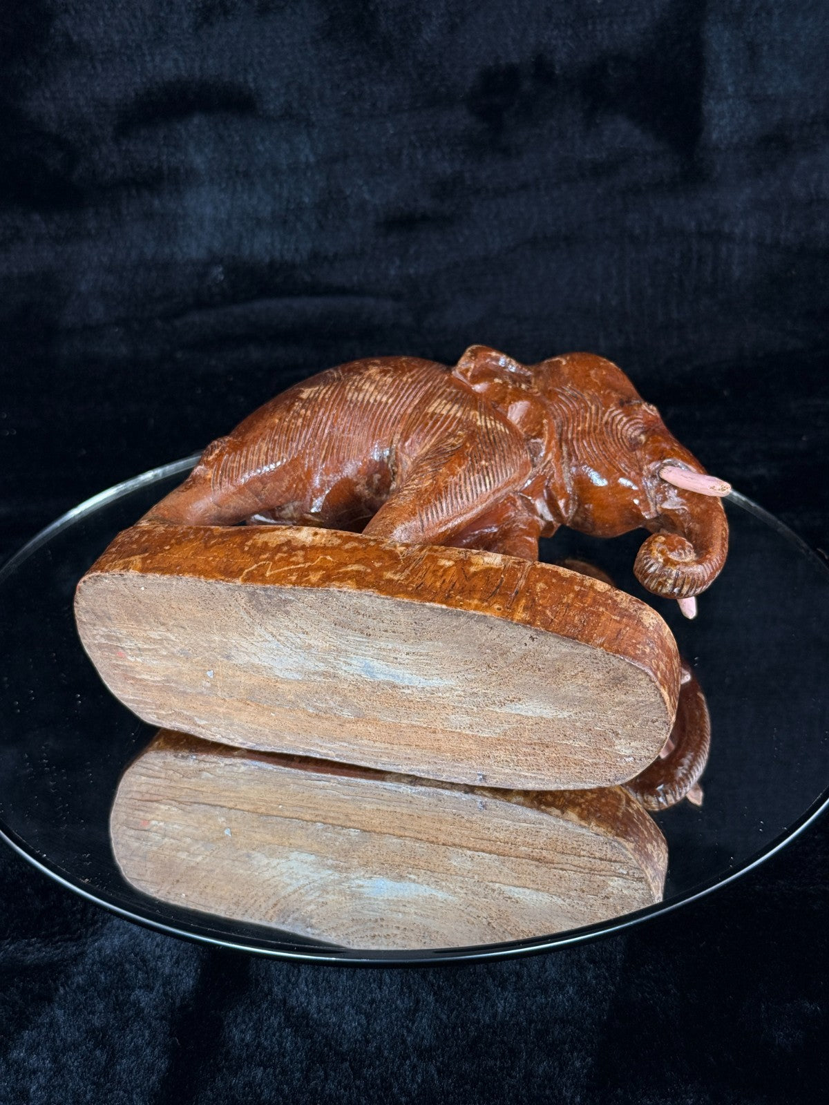 Hand Wooden Carved Elephant Pair – India Figures with Pink Resin Tusks 7 Vintag15