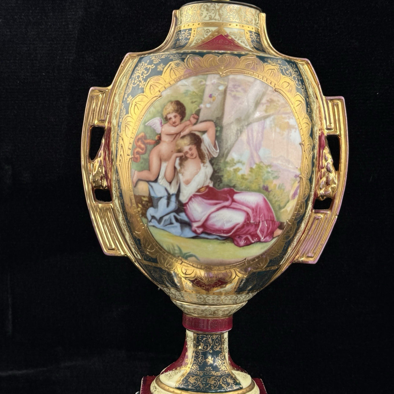 Antique 19th Century Royal Vienna Urn Lamp Romantic Scene Gold Accents Large3