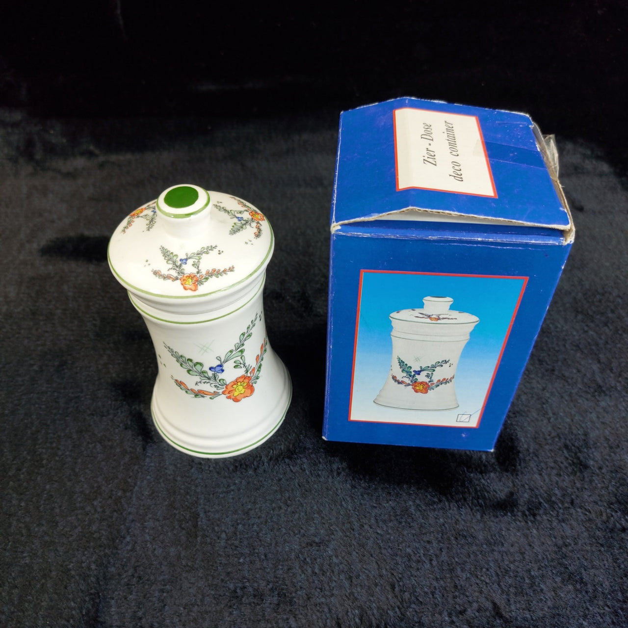 Vintage Zier Dose Floral Ceramic Lidded Trinket Box Jar Original Box 13cm White 1