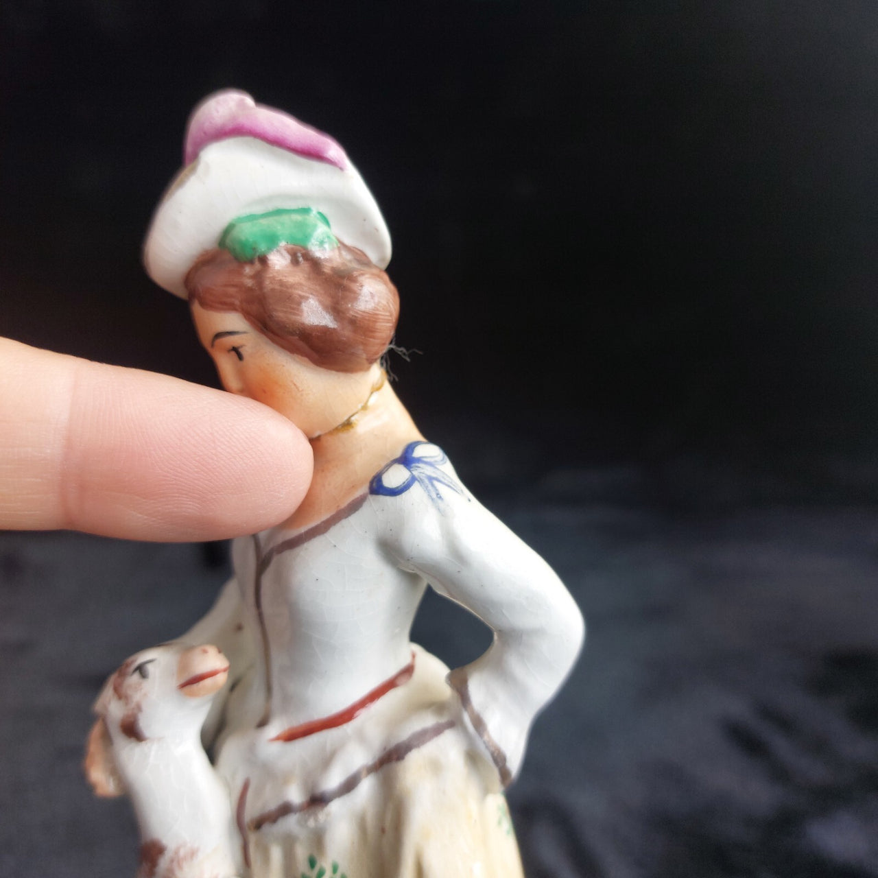 Staffordshire Figurine Dog Lady Yellow Skirt stamp England repaired head 7.5"7