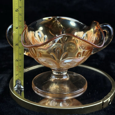 Vintage Marigold Carnival Glass Bonbon Dish Pedestal Bowl Swirl Pattern 3.5”1