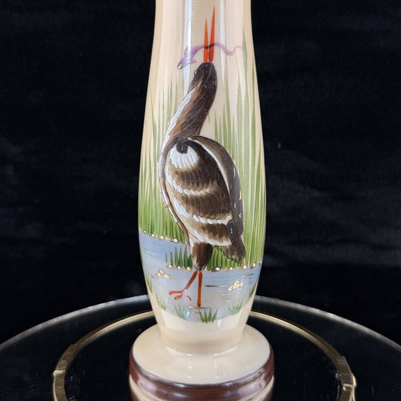 Vintage Porcelain Milk Vase 9" Hand Painted Heron Wetland Scene Gold Trim Accent2