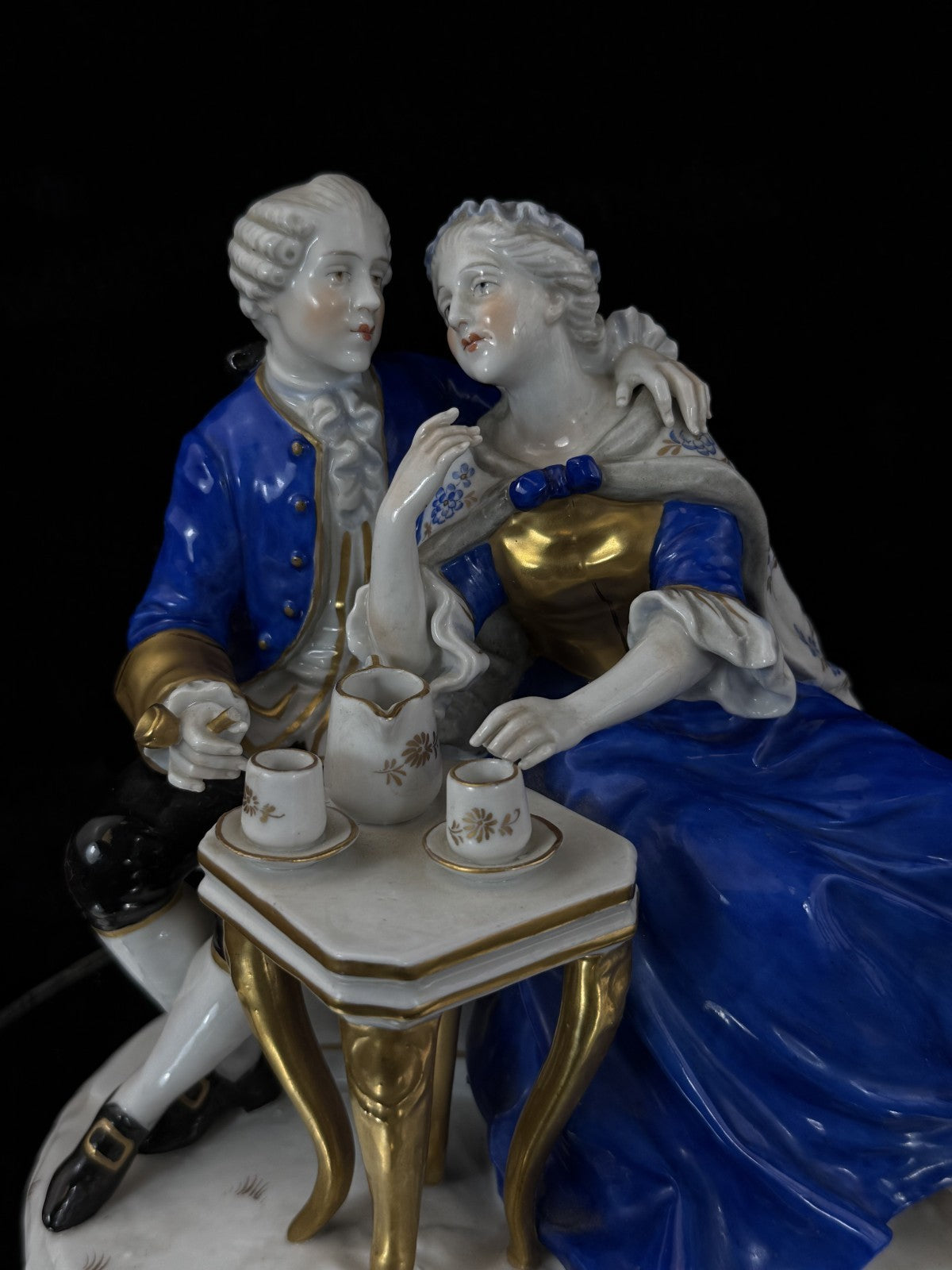 German Antique Porcelain Figurine: Rococo Couple at Tea by Scheibe-Alsbach 18th8