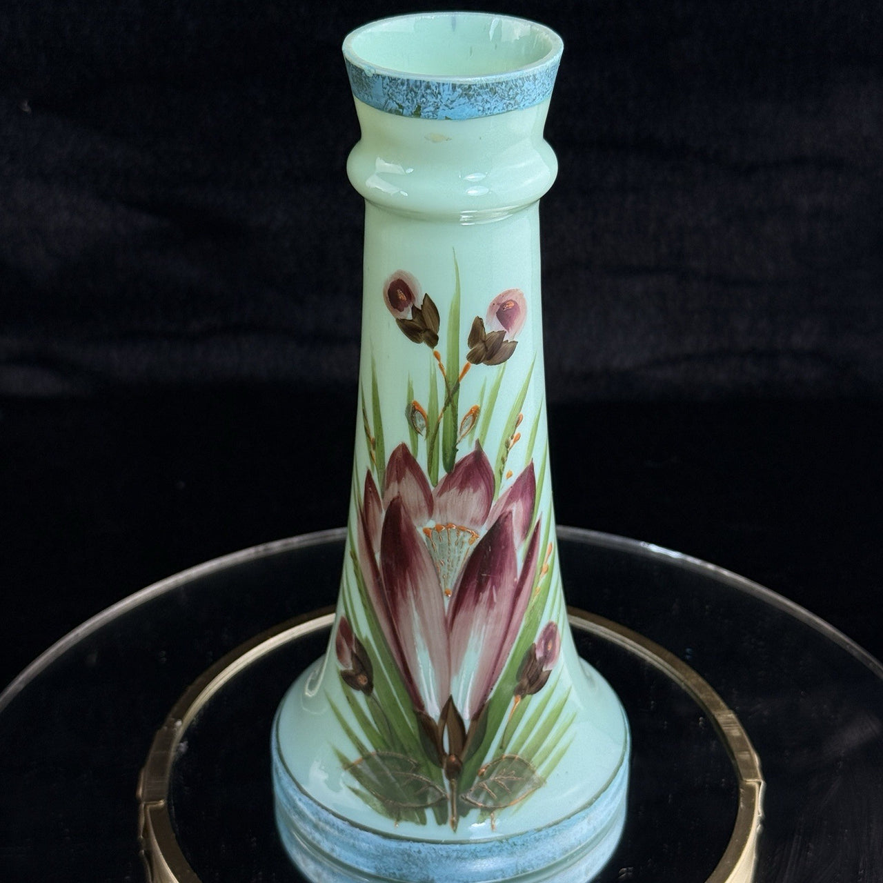 Antique Milk Glass vase Art Glass Vase Turquoise Floral Tall 10” Enameled decor9