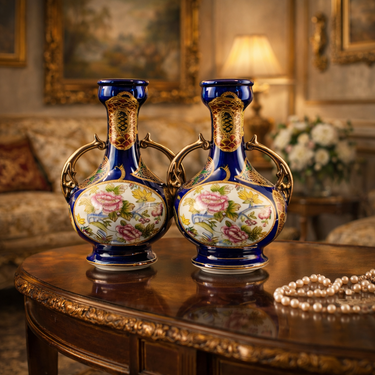 Japanese Cobalt Blue Porcelain Vases Pair Gold Gilt Floral Moriage Antique Decor0