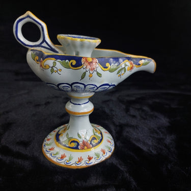 Antique Italian Majolica Faience Candle Holder Hand Painted Coat of Arms  Floral1