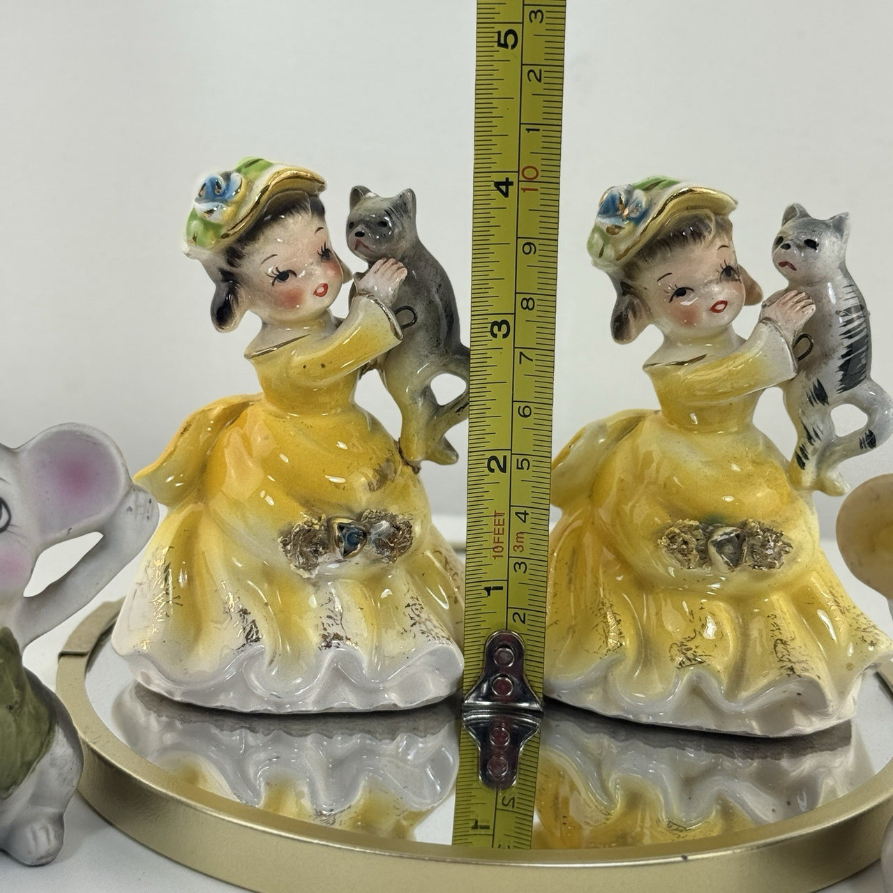 Vintage Korea Figurines Girl with Cat & Mice Set Hand Painted Ceramic 1950s8