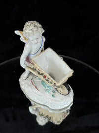 Thumbnail for Antique Cupid German Porcelain Figurine w Wheelbarrow Match Holder SPM see pics.12