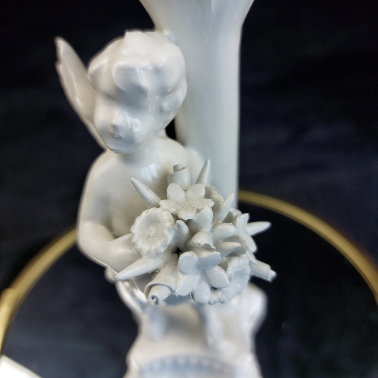 Antique Italy Cherub Figurines Pair 6.5in Porcelain White Trumpet Flowers Damage5