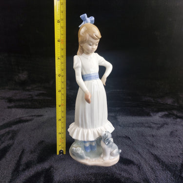 NAO by Lladro Girl with Dog Figurine Spain 1987 White Blue Dress 9.5