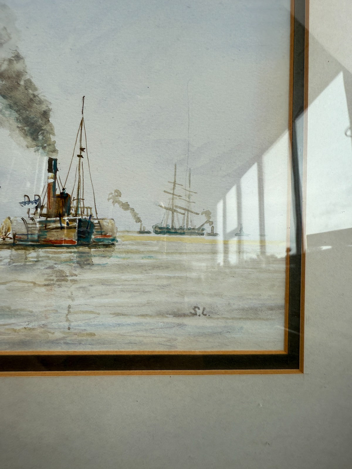 Antique S.L. Signed Watercolor wood gold framed- A London Harbor Scene.5