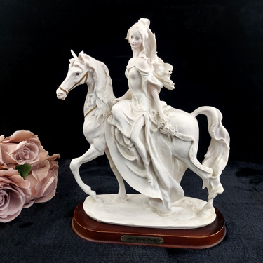 The White Lady Figurine Elegant Matte Bisque Horseback Rider on Wood Base 12
