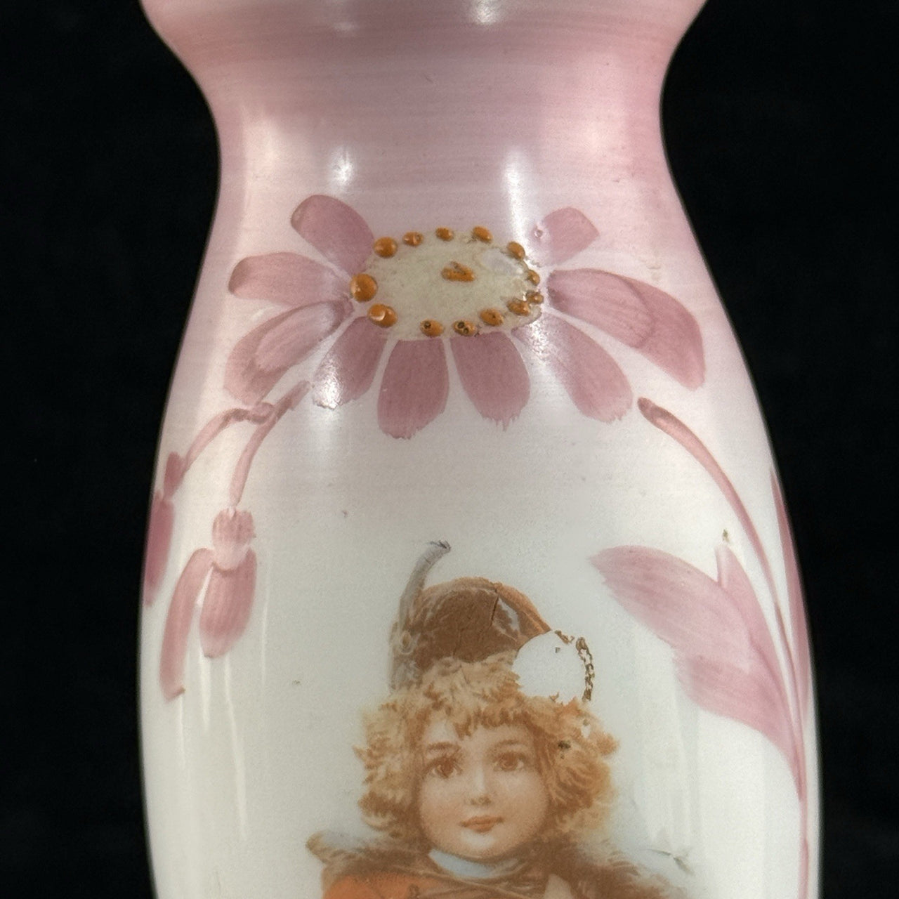 Victorian Pink Milk Glass Vase Portrait Girl Hand Painted Enamel 8” Antique Vase7