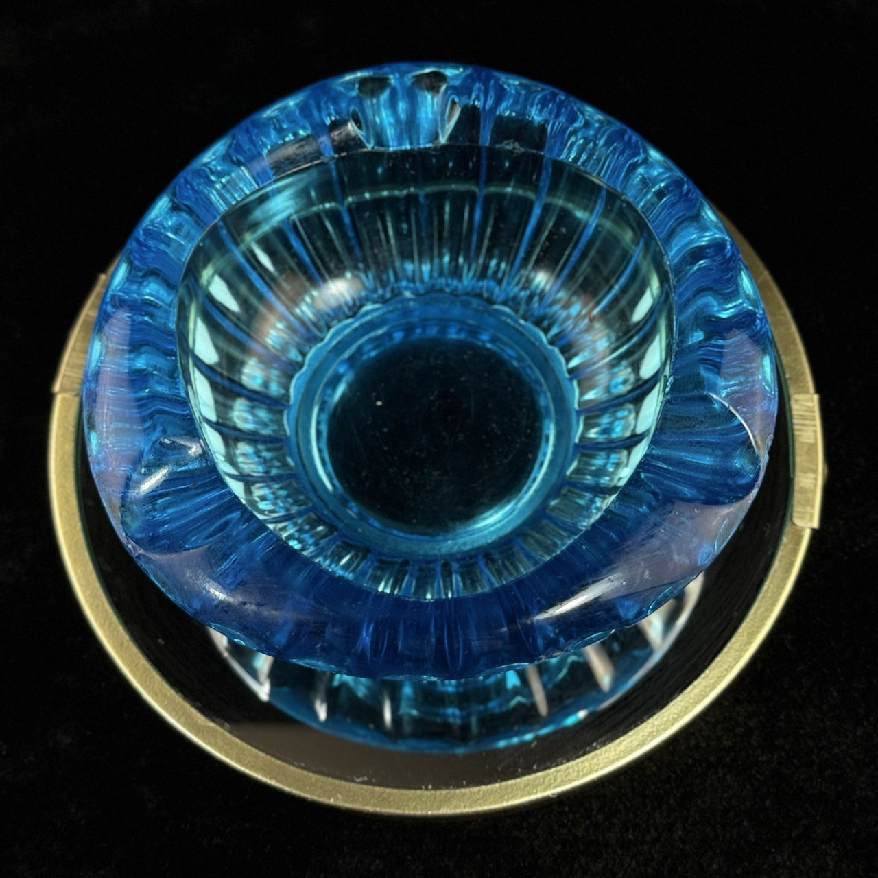 Murano Style Blue Glass Bowl Ribbed Swirl 5.5” Ashtray Trinket Dish Retro Art0