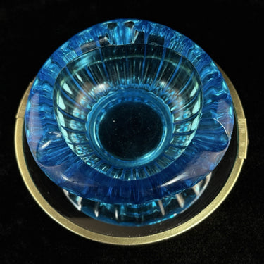 Murano Style Blue Glass Bowl Ribbed Swirl 5.5” Ashtray Trinket Dish Retro Art0