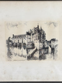 Thumbnail for French Castle Vintage Château de Chenonceaux Framed Etching Print Art Drawing.1