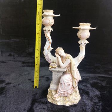Antique Victorian German Porcelain Flowerscandle hold Candelabra Lady Gold Gilt 1