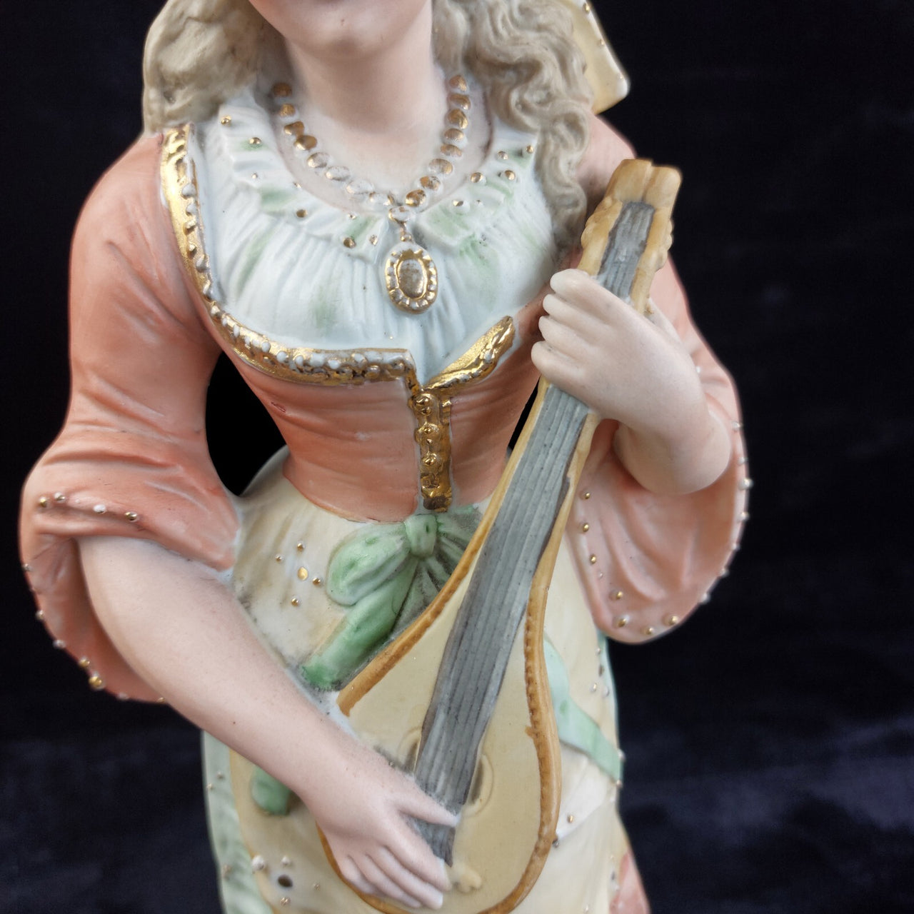 Antique 15in German Bisque Figurine Lady Mandolin Musician Hand Painted Gilt4