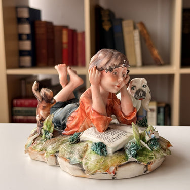 Italian Capodimonte Figurine Boy Reading with Dog and Shoes bookshelf decor gift0