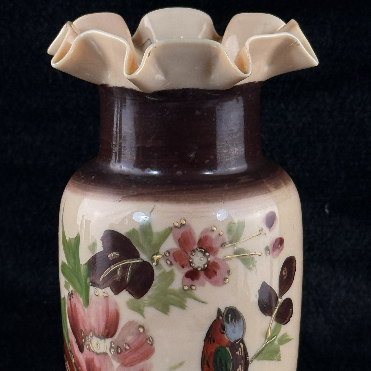 Antique Milk Porcelain Vase HandPainted Floral Bird Design Ruffle Rim 9.5” Tall2