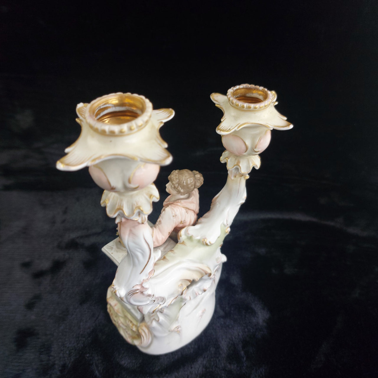 Porcelain Sitzendorf Candelabra Lady Figurine candle Gold Gilt Antique German12