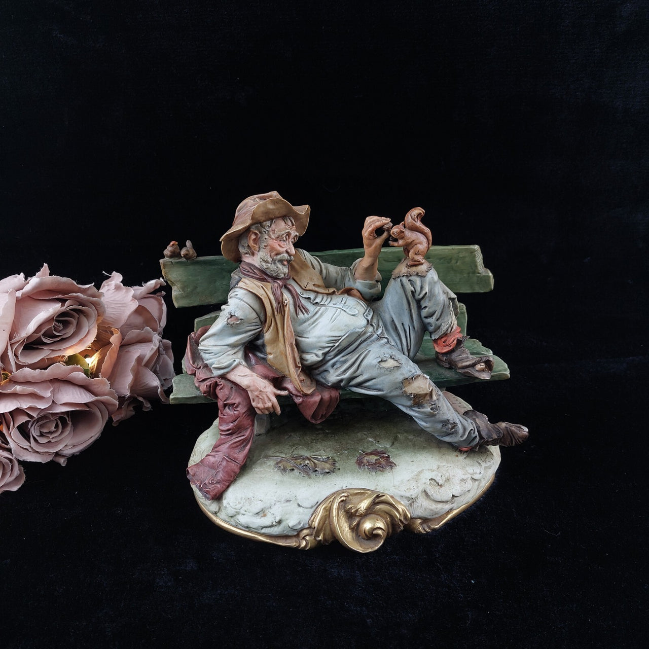 Original Merli Bruno Figurine Capodimonte Italy old Man on Bench with Squirrel2