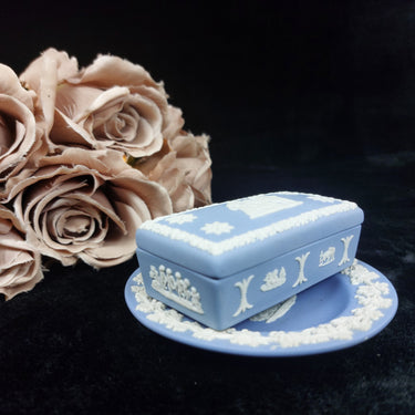 Wedgwood Blue Jasperware - Trinket Box & Plate Set Rectangular Ceramic/ Pottery1