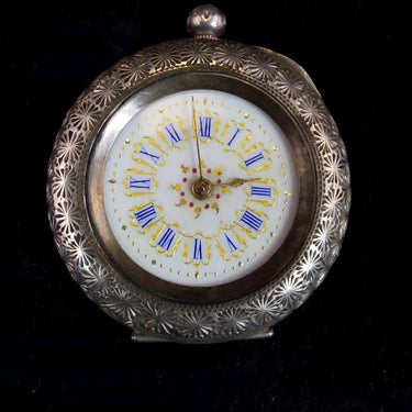 1800's antique Continentl Silver Lady’s Fob Watch Enamel Dial Ornate needsrepair0
