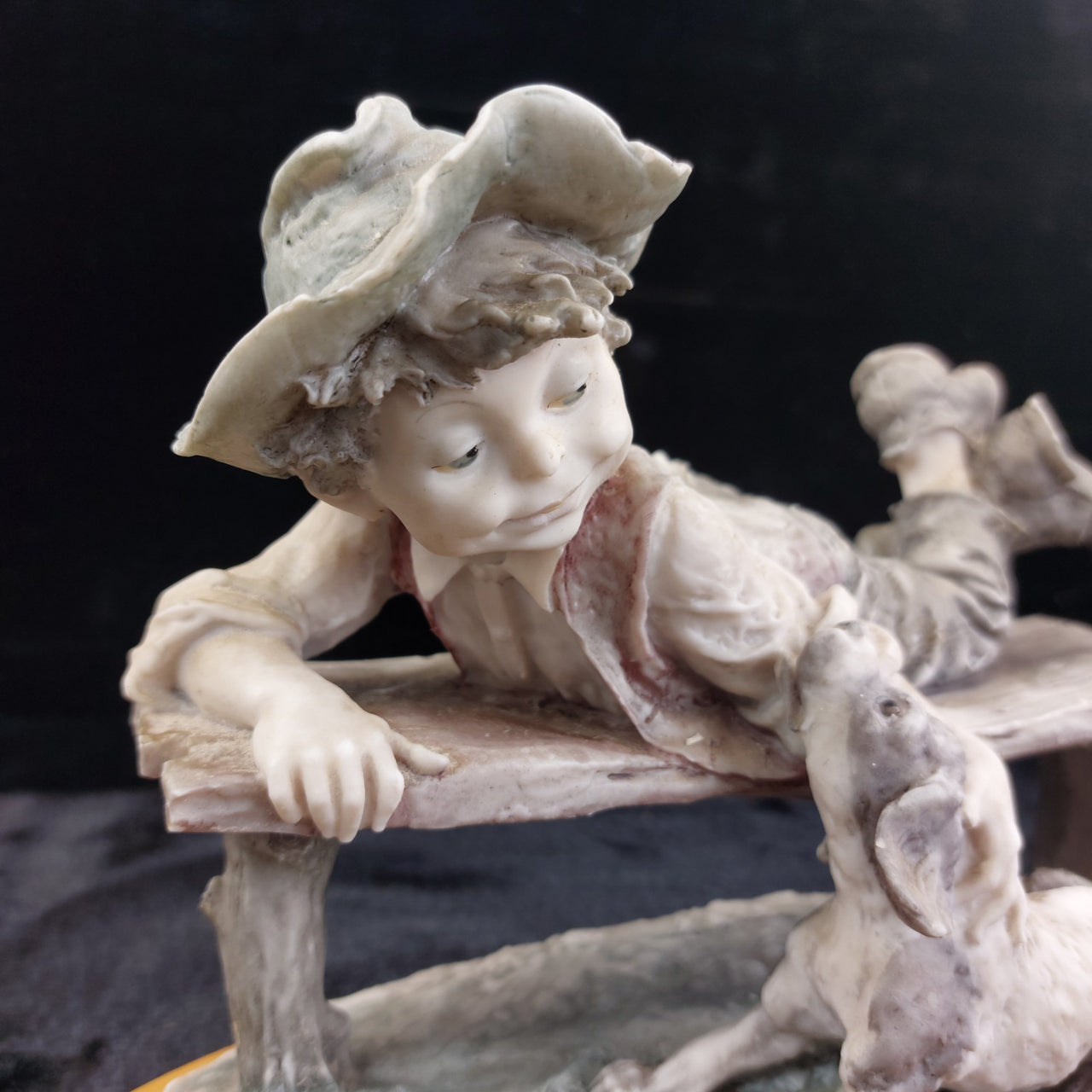 G. Figurine Armani 1990 Boy Bench with Dog Signed Sculpture Vintage 7.5in deco.14