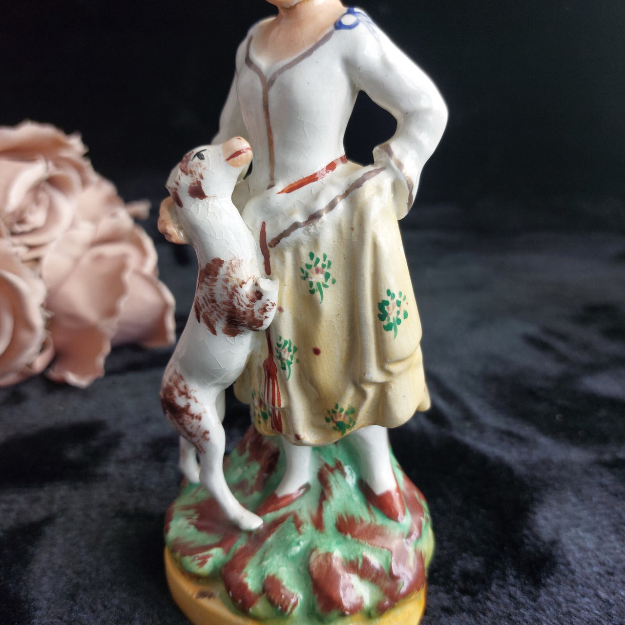 Staffordshire Figurine Dog Lady Yellow Skirt stamp England repaired head 7.5"4