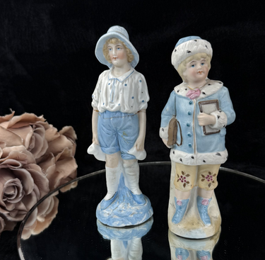 19th c Antique German Porcelain Figurine Pair Two Children Bisque &Glazed Finish1