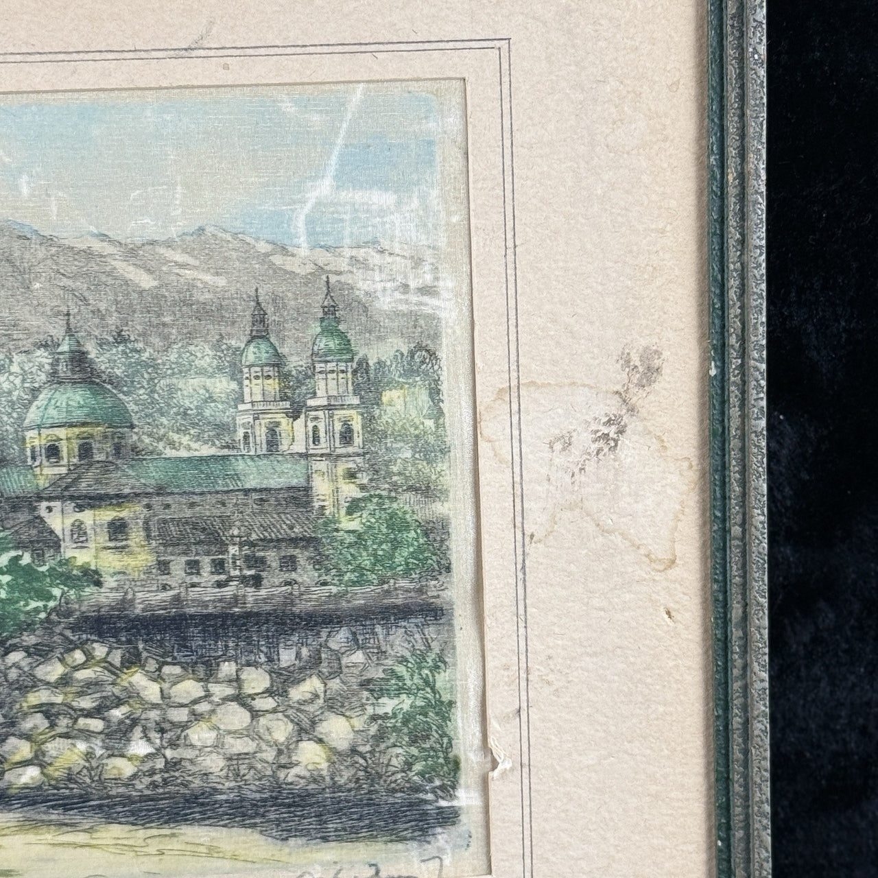 Salzburg Scene Etching Watercolored on Silk Signed Framed Painting 13x11” Print5