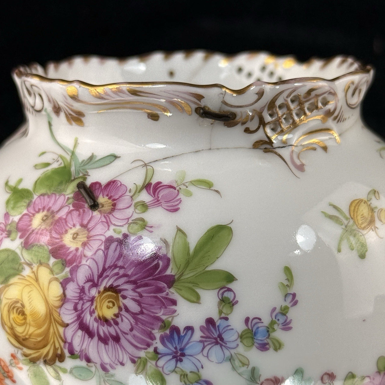 19th century antique Dresden Porcelain Vase Floral Tripod Legs 19th C Repaired7