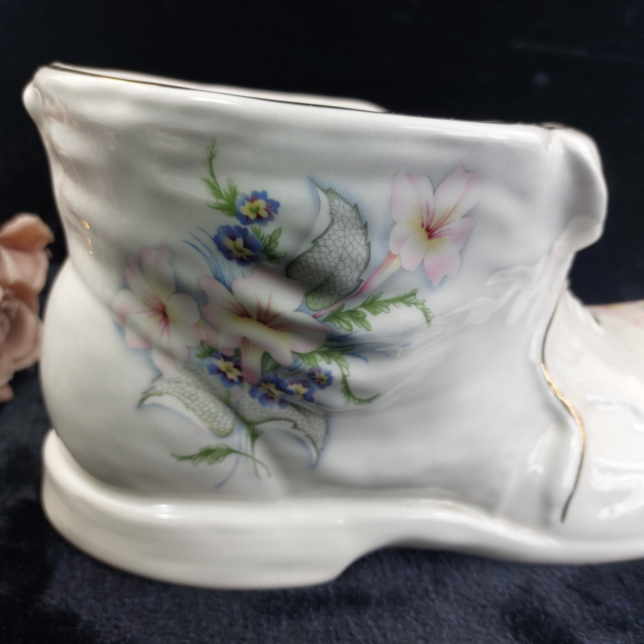 Maryleigh Pottery Floral Boot Vase Gilded Staffordshire 12" Porcelain White12