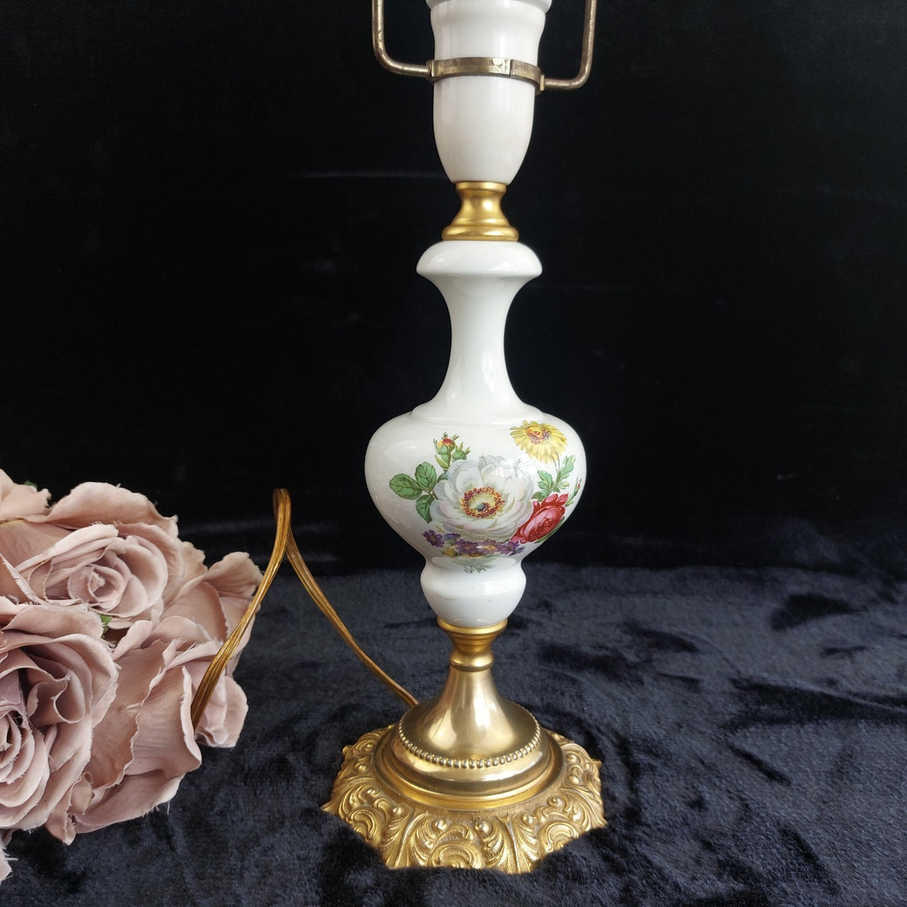 Stunning Italian Porcelain gold brass Floral Table Lamp antique Decor 17" Italy12