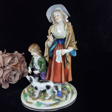 Volkstedt Porcelain Figurine Woman Child Dog Crown N Mark 30cm/12in German 1489g1