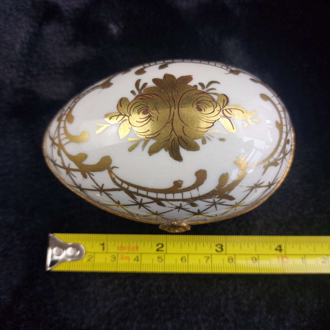 Porcelaine de France Gold Floral Egg Trinket Box Decor 4" Peint Main Hinged Vtg5