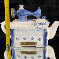 Thumbnail for Novelty Machine Sewing Teapot White Blue Gold Ceramic Stitching Theme see pics17