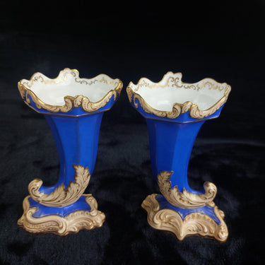 Victorian Antique Blue Porcelain Vases/ ornoments Gold Gilt Leaf Design  Pair 0