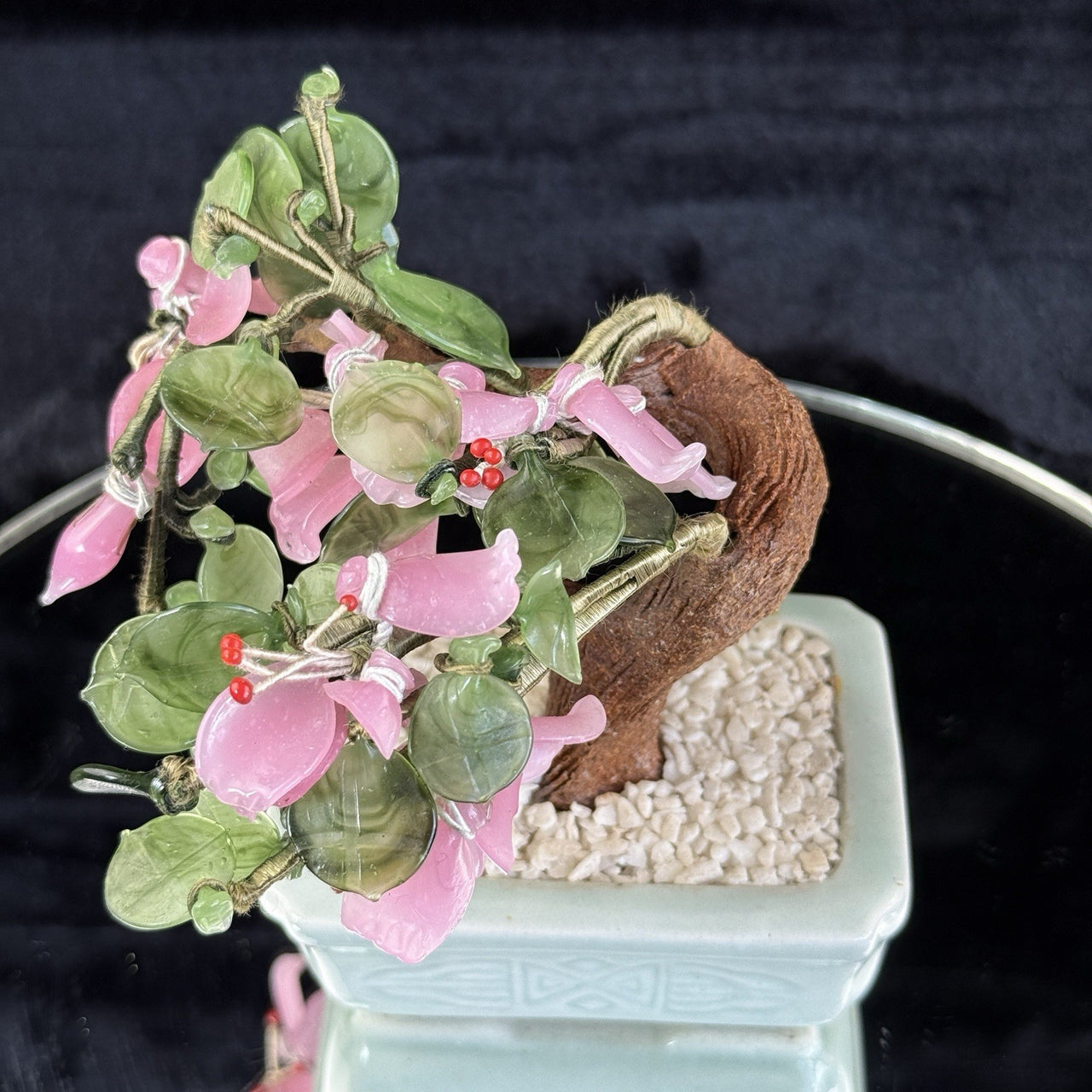 Hand-Carved Bonsai Jade/Stone Tree Figurine - Pink Flowers & Green Leaves gift2