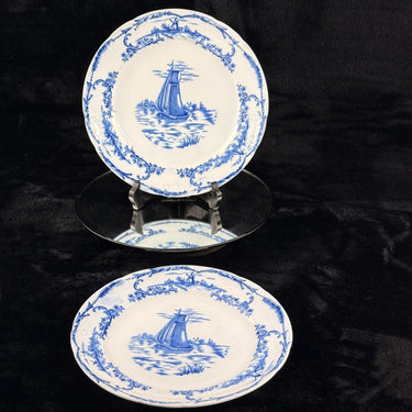 1890s antique plate Delph Blue & White Transferware Plates Sailboat Scene x21