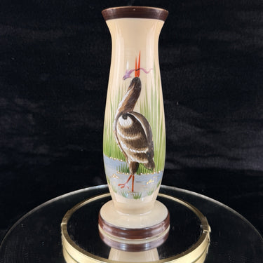 Vintage Milk Porcelain Vase – Hand Painted Heron Wetland Scene 9” Antique decor0