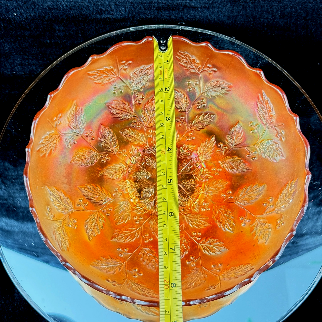 Fenton Leaves Holly Marigold Carnival Glass Ruffled Bowl Antique 7.5" Iridesce10